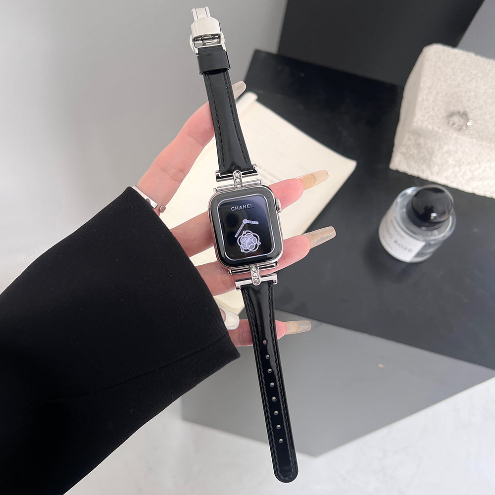 For Apple Watch Series 9 8 7 41mm / SE (2023) SE (2022) SE 6 5 4 40mm / 3 2 1 38mm Rhinestone Decor Strap Genuine Cow Leather Band - Black For Apple Watch Series 9 8 7 41mm / SE (2023) SE (2022) SE 6 5 4 40mm / 3 2 1 38mm Rhinestone Decor Strap Genuine Cow Leather Band - Black